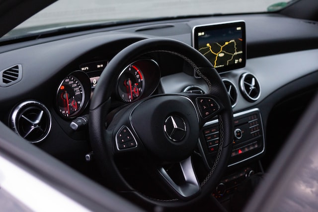 turned on black vehicle 2 din stereo
